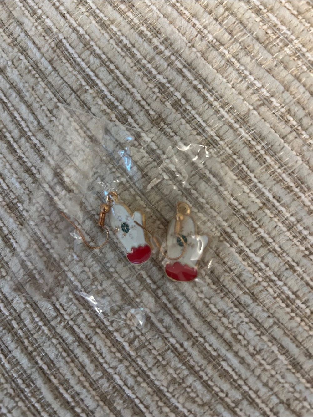 $12 or Bundle 3/$30!! Gold-Tone White Mitten Dangle Earrings with red&green - Picture 5 of 5